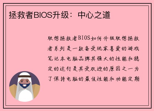 拯救者BIOS升级：中心之道